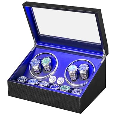 ANWBROAD Watch Winder for Automatic Watches 4 Watch Rotator and 6 Extra Storages with Super Quiet Motor and LED Backlight Turner Carbon Fiber Shaker 5 Rotating Modes USB UJWW002F