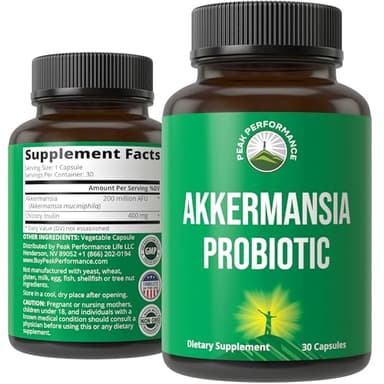 Peak Performance Akkermansia Probiotic to Increase GLP-1 Production - Ultra High Strength Akkermansia Muciniphila Live Strain with Prebiotic Fiber for Gut Health - Delayed Release, 3rd Party Tested