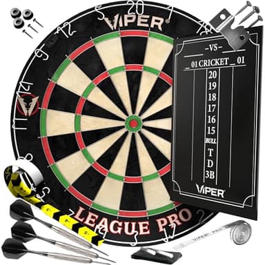 Viper League Pro Play-Ready Bundle, Regulation Size Steel Tip Dartboard with Chalk Cricket Scoreboard, 3 Steel Tip Darts, Staple-Free Bullseye, High-Grade Sisal with Rotating Number Ring