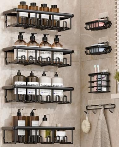 Zeawec 8 Pack Adhesive Rustproof Shower Shelves with Soap Dishes, Toothbrush Holder & Hooks, Large Capacity No-Drilling Shower Shelves Rack for Bathroom Organizers and Storage Accessories, Black