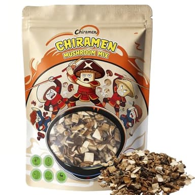 CHIRAMEN Mushroom Mix Ramen Toppings – Oyster, Shiitake, King Oyster, Wood Ear & Button Mushrooms – Dried Mushroom Blend for Cup Noodles, Ramen Bowls, Soups & Instant Noodles