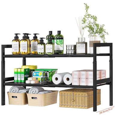 Under Sink Organizer and Storage 16.5"-30.7" Expandable Length, Adjustable Height Max 16.7" Under Sink Shelf 2 Tier with Removable ABS Panels Metal Frame for Bathroom Kitchen Pantry Cabitnet Pot Pan
