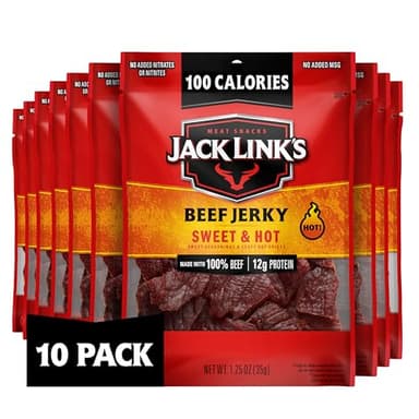 Jack Link's Sweet & Hot Beef Jerky - (10 Pack) 1.25 oz Bag - Ready to Eat Protein Snacks - 12g Protein per Serving - Made with 100% Real Beef