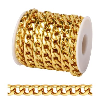 [16.5 FT] 18K Gold Plated Curb Chain for Jewelry Making, 9.8mm Wide 304 Stainless Steel Cuban Link Chain Roll Bulk for DIY Jewelry Making Craft