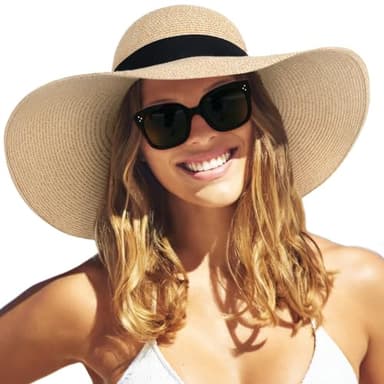 FURTALK Womens Sun Straw Hat Wide Brim UPF 80 Summer Hat Foldable Packable Floppy Beach Hats for Women Mix Beige,Medium-Large