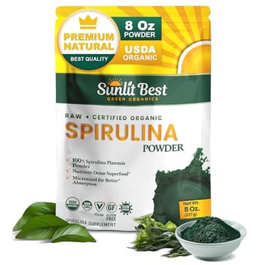 Sunlit Best Spirulina Powder Organic USDA - Chlorophyll, Fast Absorption, Blue-Green Spirulina Algae, Raw Vegan Protein - Non-GMO, Gluten Free Superfood Energy, Gut, Immune Support Supplement - 8 Oz