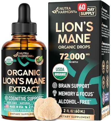 Lions Mane Liquid - USDA Certified Organic Lions Mane Supplement - Brain Support, Energy, Memory & Focus - Sugar & Alcohol-Free Lion's Mane Mushroom Extract 72,000 mg / Bottle, 2 Fl OZ, 2 Month Supply