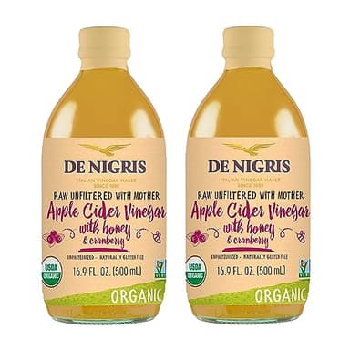 De Nigris Organic Apple Cider Vinegar With Honey & Cranberry, Raw & Unfiltered 16,9 Oz (Pack of 2) | Apple Cider Vinegar With Mother For The Balance Of Metabolism, Organic