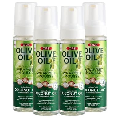 ORS Olive Oil Hold & Shine Wrap Set Mousse Infused with Coconut Oil for Restorative Shine 7 Ounce (Pack of 4)