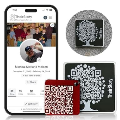 TheirStory Matters Gravestone QR Code Memorial Plaque, Adhesive-Back Headstone and Grave Marker Sign, Links to Personalized Memorial Webpage, Cemetery Tribute for Loved One, Scan with Smartphone