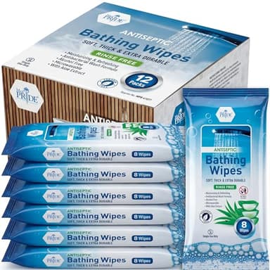 MED PRIDE Hospital Wipes for Bathing, Waterless Rinse Free Bath Wipes for Adults, Microwavable Soft Thick, 12 Packs (96 Count), Aloe Vera
