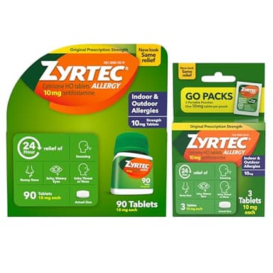 Zyrtec 24 Hour Allergy Relief Tablets, Indoor & Outdoor Allergy Medicine with 10 mg Cetirizine Hydrochloride Antihistamine, Value Bundle of one, 90 ct Bottle & Three, 1 ct Travel Packs