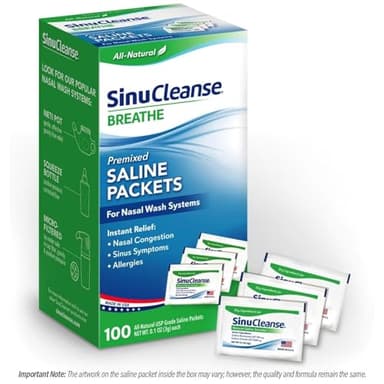 SinuCleanse Pre-Mixed Saline Packets for Sinus Rinse and Nasal Irrigation Systems, 100 Count, Made in USA, All-Natural, Pharmaceutical Grade and PH Balanced