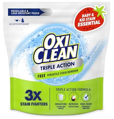OxiClean Triple Action Free Versatile Stain Remover Powder, Use with Detergent, No Fragrance, No Dyes, No Chlorine, Removes Stains, Brightens Colors and Whites, 4 lbs