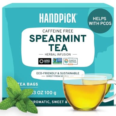 HANDPICK, Spearmint Tea Bags (100 Herbal Tea Bags) |Refreshing Mint Tea | Non-GMO | Round Eco-Conscious Teabags