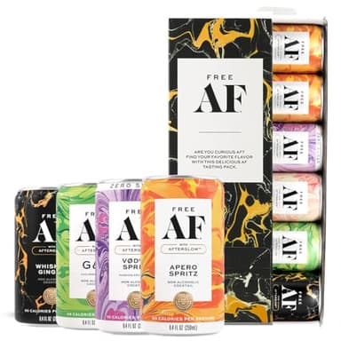 AF Drinks Non-Alcoholic Tasting Pack | Alcohol Alternative Sparkling Cocktails with AFTERGLOW Botanical Warmth | Gluten-Free, Low-Calorie | 8.4 oz Cans. Variety 6 Pack