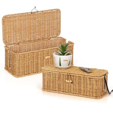 Cable Management Box, Handwoven Faux Rattan Cord Organizer Box with Lid, 2 Open Slots Cable Organizer Box, Decorative Cord Hider Box for Tv Computer USB Hub & Power Strip Holder Box