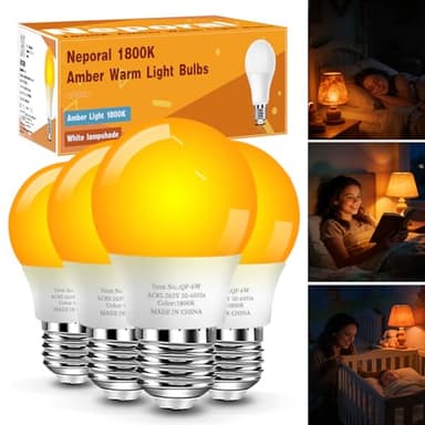 Neporal Amber Sleep Light Bulbs 1800K 4PK, 6W 40 Watt Equivalent, 99.96% Blue Blocking Soft Warm Light Bulbs A15, Amber Night Light E26 for Bedroom and Baby Nursery Light