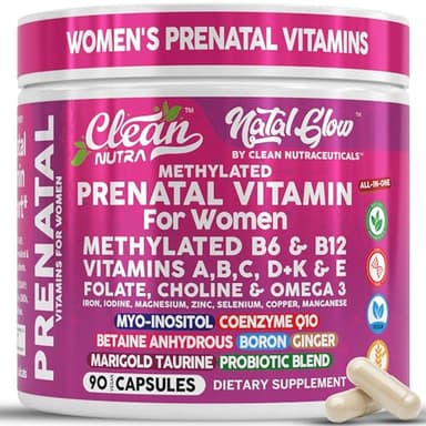 Natal Glow Methylated Prenatal Vitamins for Women Folate Omega 3 Vitamins A B12 C D3 E K2 Iron Riboflavin Biotin Choline Calcium Iodine Magnesium Zinc Selenium Copper Manganese by Clean Nutra