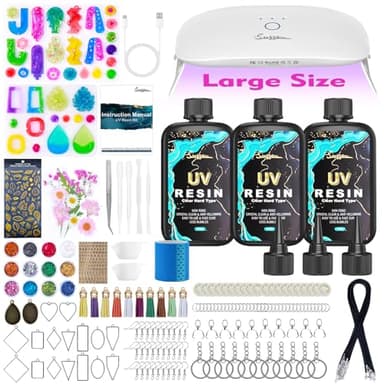 Suzzam UV Resin Jewelry Making Kit, 300g Crystal Clear UV Resin Kit with Molds, 30w & 22 Lamp Beads UV Resin Light Large for Craft Making Earrings, Necklaces, Keychains