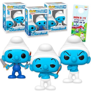The Smurfs Funko Pop Set - Bundle with 3 Action Figures: Grouchy, Vanity, Handy Smurf Plus Doo Hanger | Smurfs Figurines for Kids, Teens, Adults