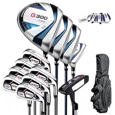 PGM Men's G300 Complete Golf Club Set - Titanium #1 Driver, Draw-Biased Hybrid, High-Strength Iron Set, High Forgiveness Putter, with Stand Bag (Right-Handed, 12Pcs Clubs-Steel Irons)