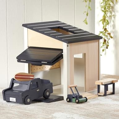 Tiny Land Wooden Dollhouse Garage Set – Realistic Design with Garage, Workbench,Lawn Mower & SUV Car, Expansion Dollhouse Furniture & Accessories for Doll house, Educational Pretend Play Gift for Kids