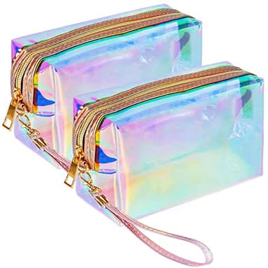 HRX Package Clear Iridescent Holographic Makeup Bag, 2pcs Travel Cosmetic Pouches with Zipper Toiletry Organizer Case for Purse Diaper Beach Bag