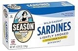Season Sardines in Extra Virgin Olive Oil - Wild Caught, Lightly Smoked, 21g of Protein, Keto Snacks, More Omega 3's Than Tuna, Kosher, High in Calcium, Canned Sardines - 4.37 Oz Tins, 12-Pack