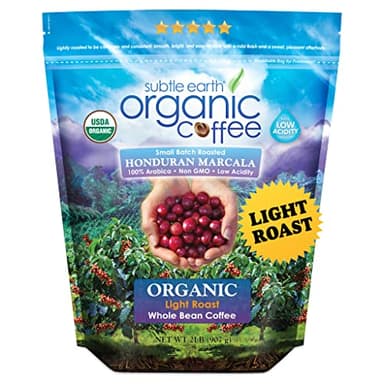 2LB Subtle Earth Organic Coffee - Light Roast - Whole Bean Coffee - 100% Arabica Beans - Low Acidity and Non-GMO - 2lb bag