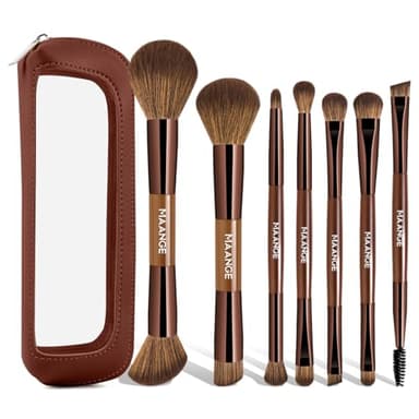 MAANGE 7 PCS Foundation Makeup Brush Set With Bag, Make up Brushes, Eyeshadow Concealer Brush, Double-ended Foundation Contour Powder Blush, Professional Face brush Set Tools For Liquid,Cream (Brown)