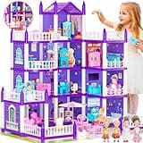 4 Stories Dollhouse for Girls, DIY Doll House Accessories Playhouse with Furniture and 11 Rooms, Pretend Play House with Lights for Kids, Portable Building Dolls Playset Toys Kit Gift for Ages 6+