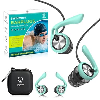 Ear Plugs for Swimming Surfing with Lanyard, Block Out Water Let Sound in, Reusable Comfy Custom-fit Swim Waterproof earplugs Men Women for Swimmer Shower Pool Bath Water Sports, 2 Sizes for 12+, GN