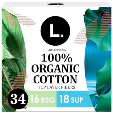 L. Ultra Thin Pads for Women, Organic Cotton Top Layer, Regular + Super Duo Pack Absorbency, Menstrual Pads with Wings, Made Without Synthetic Pesticides and Fragrances, 34 Count