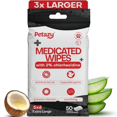 Petazy 2% Chlorhexidine Wipes for Dogs 3X Larger | Yeast Infection Ringworm Fungus Hot Spot Itch Relief | Medicated Antibacterial Antifungal Gentle Soothing Topical Wipes for Dog Cat | 50 Wipes 5x6