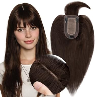 MY-LADY Human Hair Toppers for Women Real Human Hair with Bangs Thin 7 * 13CM Silk Base with Lace Clip in Straight Remy Hairpieces 150% Density 12 Inch Dark Brown