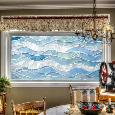 HOMETITUTE Blue Wave Glass Window Film 39.3x17.7 Inch Decorative Static Cling Window Covering Privacy Mosaic Design Bathroom Door Sunlight Filter Reusable Film for Kitchen Office Entryway
