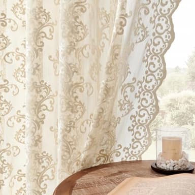 FOLKSIDE Beige Lace Curtains - 84 Inch Long, 2 Panel Vintage Paisley Curtains for Living Room & Bedroom - Rod Pocket, Light Filtering, French Crochet, Victorian Sheer Drapes - 52x84