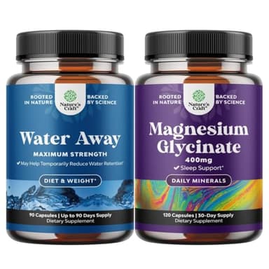 Bundle of Water Away Pills Maximum Strength - Herbal Diuretic Pills for Water Retention for Fast Acting Bloating Relief and Pure Magnesium Glycinate 400mg Per Serving for Mood Sleep and Relaxation