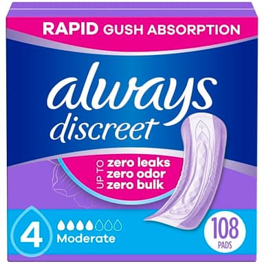 Always Discreet Adult Incontinence Pads for Women, Drier vs Poise, 4 Drop Regular Length, Moderate Absorbency, Pads for Bladder Control Management, Bladder Leaks, & Postpartum Pads, 108ct