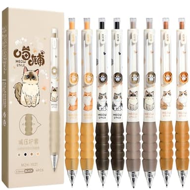 JUNJAKU 8 Pcs Cat Pens, Cute Retractable Gel Pens Cartoon Pen 0.5mm Black Ink Writing Pen Kawaii Gifts for Student Back to School (8-pack cat pen)