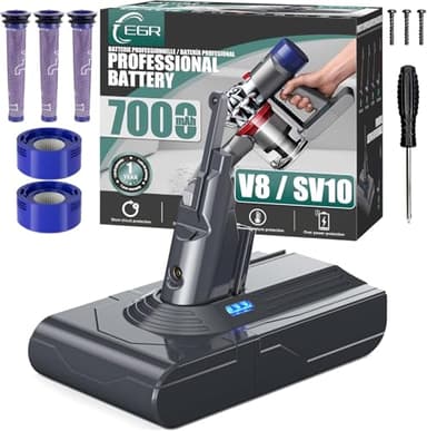 EGR Upgraded 7000mAh V8 Battery Replacement Compatible with Dyson V8 Absolute/Motorhead/Fluffy/SV10 Carbon Fiber Vacuum Cleaner 5 Filters and 3 Screws Included
