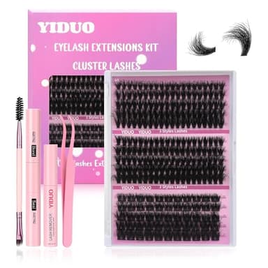 YIDUO Lash Clusters Lashes Kit Volume D Curl Wispy Individuals Eyelash Extensions, Volume Studio Effect, Fake Eyelashes 255Pcs All-in-1 Pack with Glue |Tweezers |Removers |Eyelash & Eyebrow Brush
