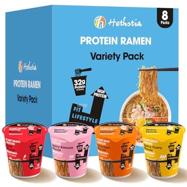 Hethstia High Protein Ramen Variety Pack, 8-Pack Instant Ramen Noodle Soup Cups (Chicken, Beef, Spicy Kimchi, Spicy Curry), 32g Plant Protein, Vegan, Non-Fried, Low Fat, Non-GMO, Healthy Quick Meal