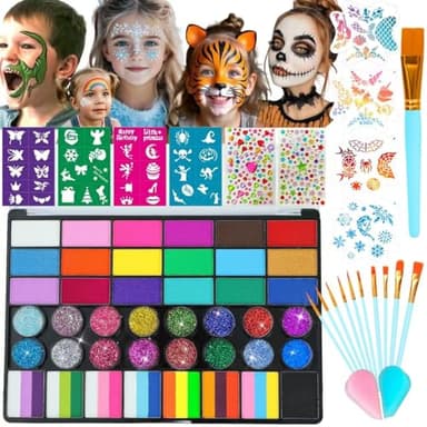 Face Painting Kit for Kids, 42 Colors Professional Face Paint Makeup Kit Non-Toxic Water Activated Facepaint Palette with Brush, Stencil, Sponge, Gem, for Party Halloween Christmas (42 Colors)