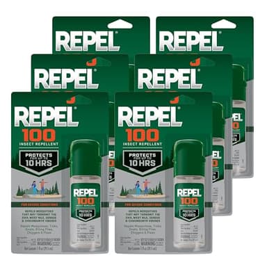Repel 100 Insect Repellent, 1 Ounce, With DEET, 10-Hour Protection Long-Lasting Insect Repellent Travel Pump Spray Repels Mosquitoes, Ticks, Gnats, Biting Flies, Chiggers And Fleas, 6 Pack