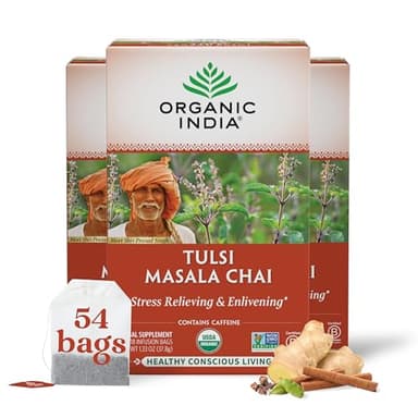 ORGANIC INDIA Tulsi Masala Chai Tea Bags - Holy Basil, Black Tea, Spices with Ginger, Stress Relieving, Immune Support, USDA Certified Organic, Antioxidant, Caffeinated - 18 Infusion Bags, 3 Pack