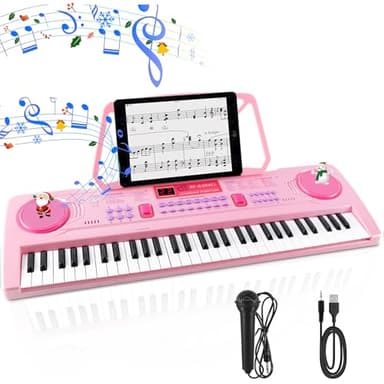 WOSTOO 61 Key Piano Keyboard for Kids, Portable 24.6-Inch Electronic Digital Piano with Follow Teaching Mode, Music Stand, Microphone & Recording, Educational Musical Instrument for Beginners, Pink