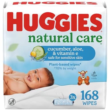 Huggies Natural Care Cucumber, Aloe and Vitamin E Baby Wipes, Hypoallergenic, Scented, 3 Flip-Top Packs (168 Wipes Total), Packaging May Vary