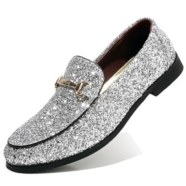 COSIDRAM Men's Glitter Dress Shoes Metallic Sequins Tuxedo Luxury Gold Buckle Loafers Slip-on Wedding Party Shoes Silver 13